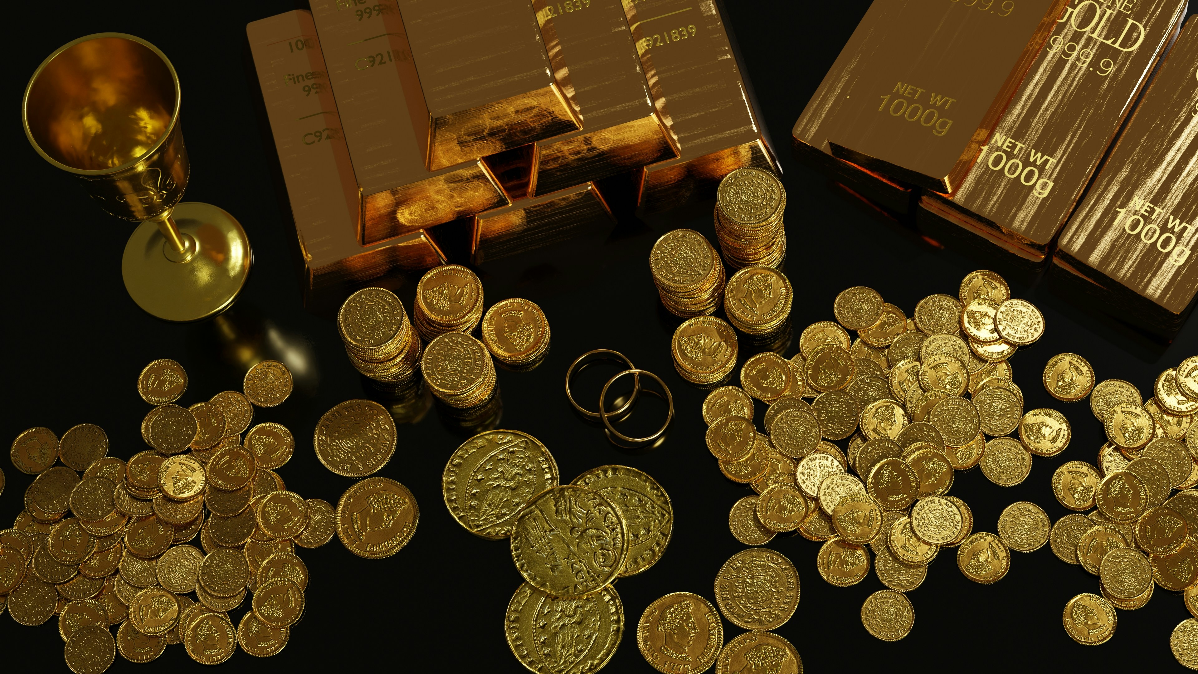 A golden treasure with several golden objects.